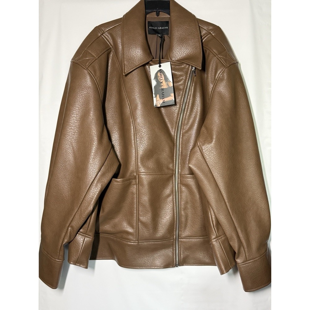 New Ashley Graham Women 4X Brown Faux Leather Midweight Motorcycle Jacket